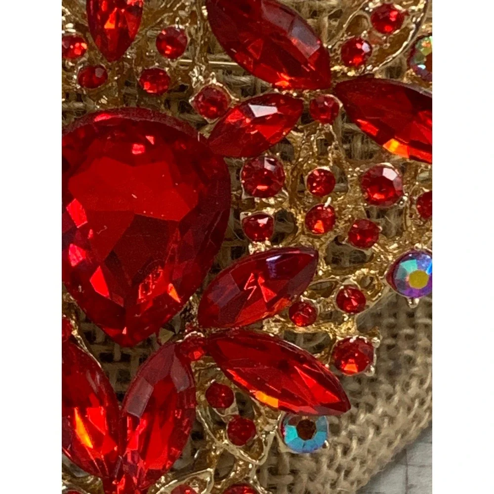 Set of 3 Red Rhinestone Gold Tone‎ Filigree Brooches Floral Heart Crystal Pins